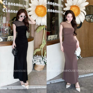 VÁY BODY V180 THUN PHỐI LƯỚI CỔ / Đầm body thun ladong nhíu eo phối lưới siêu hot ( SIMIHOUSE )